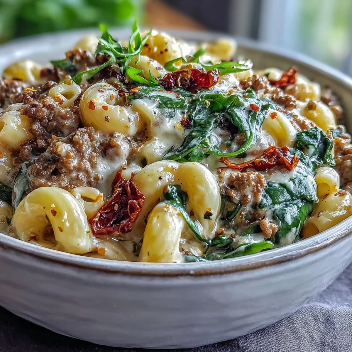 A close-up of Creamy Tuscan Chili Mac featuring ground beef, sun-dried tomatoes, and elbow pasta.