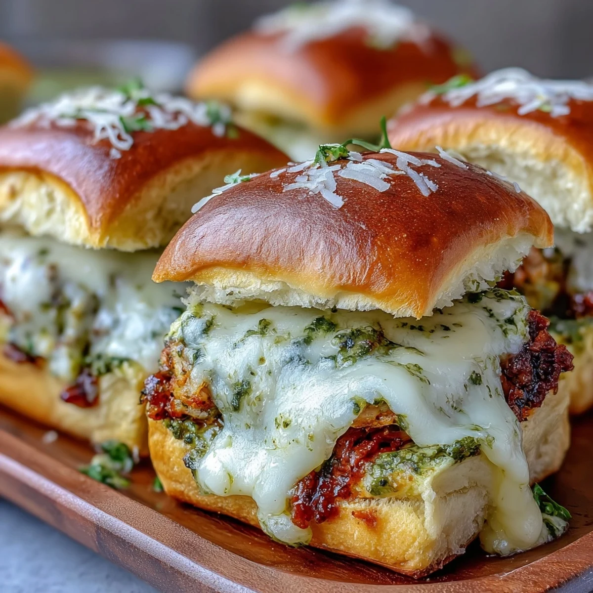 Pesto Chicken Parmesan Sliders arranged with cherry tomatoes and basil leaves, ready to serve at a party.