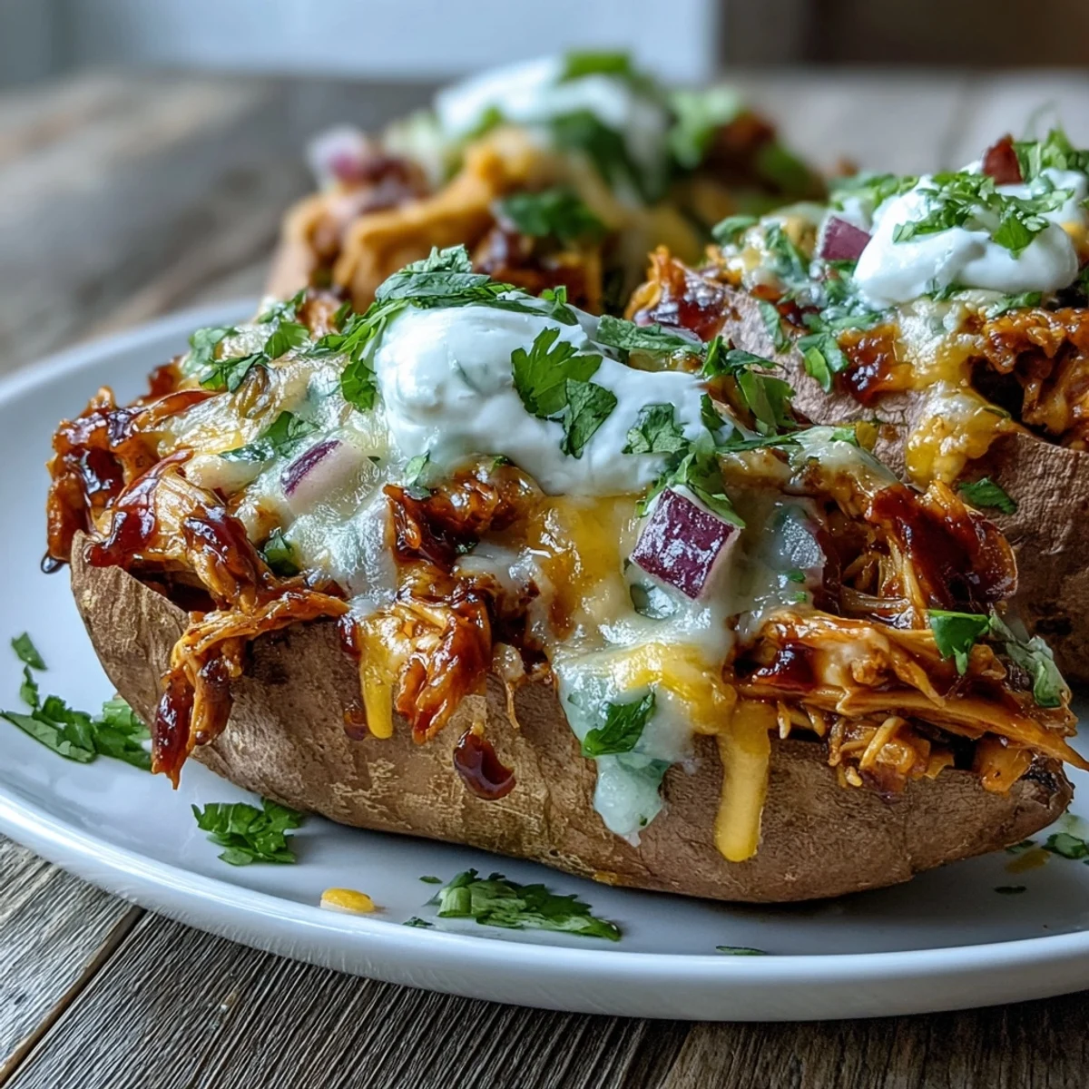 Golden-baked sweet potato boats overflowing with saucy honey BBQ chicken, melted cheddar, and fresh green onions.
