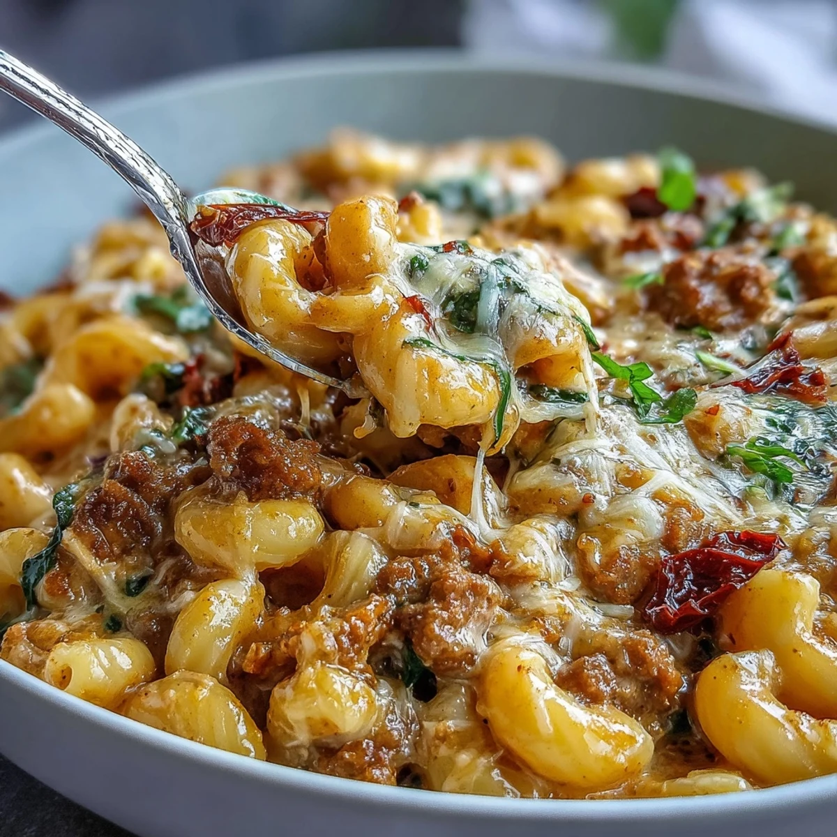 Creamy Tuscan Chili Mac simmering with ground beef, sun-dried tomatoes, and wilted spinach in a rich, cheesy sauce.