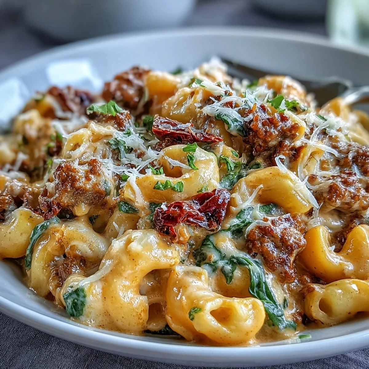 Steaming bowl of Creamy Tuscan Chili Mac featuring elbow macaroni and melted mozzarella, perfect for a family weeknight dinner.