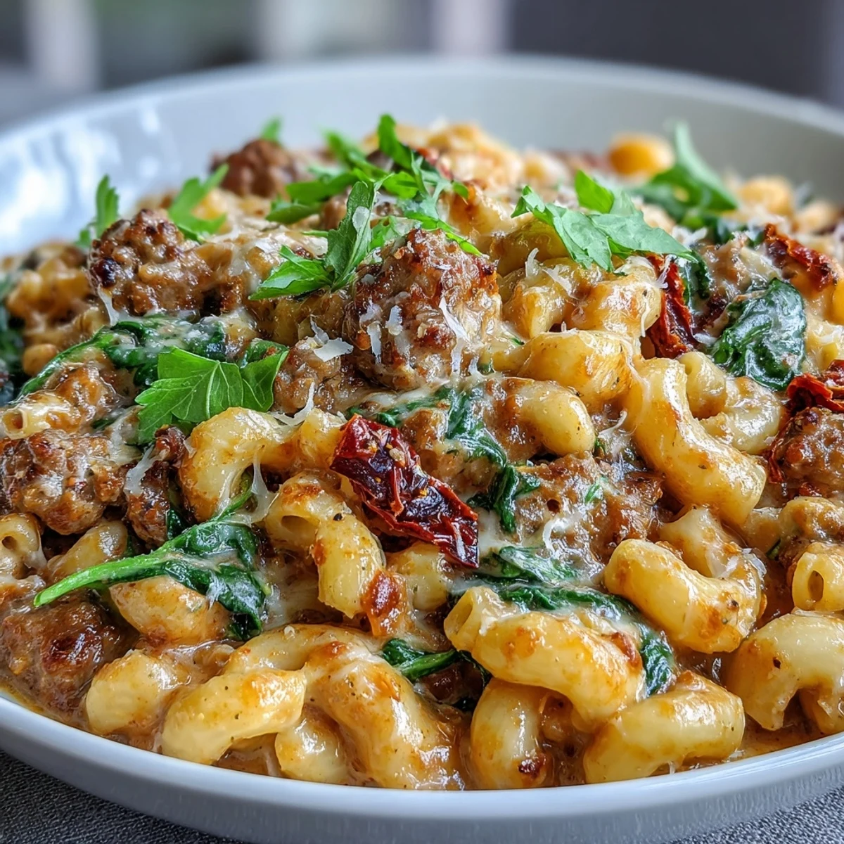Freshly prepared Creamy Tuscan Chili Mac topped with grated Parmesan and herbs, served hot from the Dutch oven.