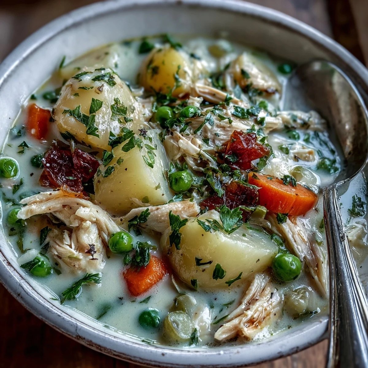 Steaming bowl of Creamy Chicken Pot Pie Soup, loaded with shredded chicken, carrots, and peas.