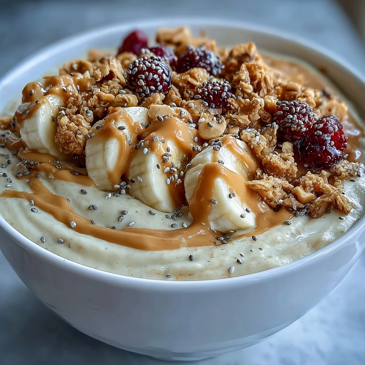 Spooning into a vibrant Vegan Peanut Butter Banana Protein Smoothie Bowl garnished with banana slices, cacao nibs, and chia seeds.