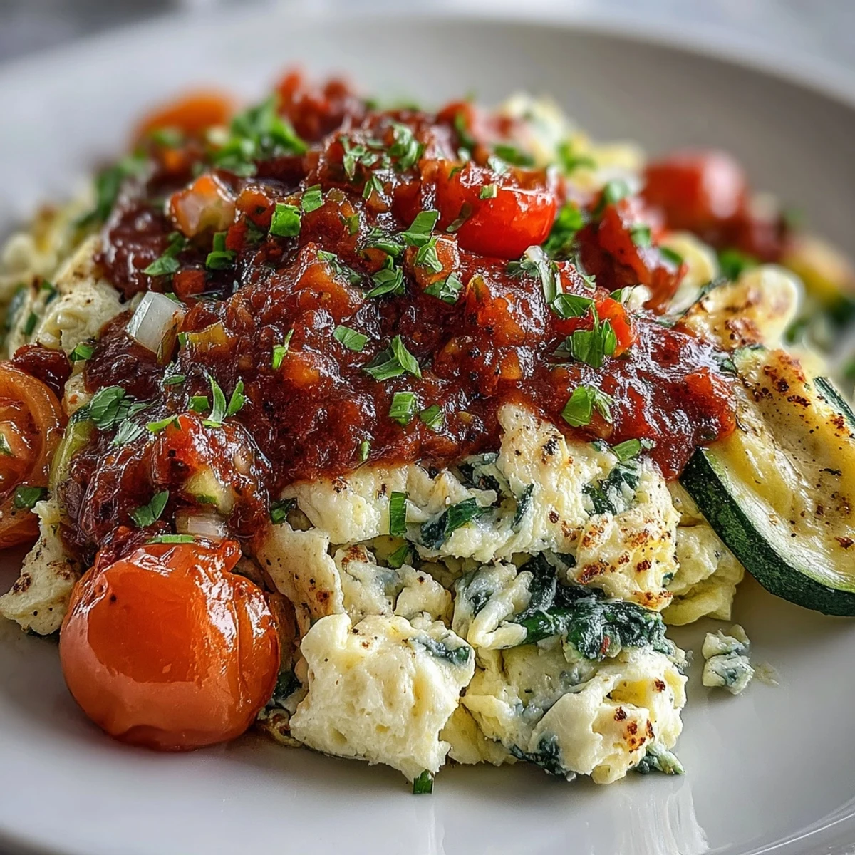 Fluffy Egg White Veggie Scramble with Salsa piled high on a white plate, featuring colorful sautéed peppers and spinach.