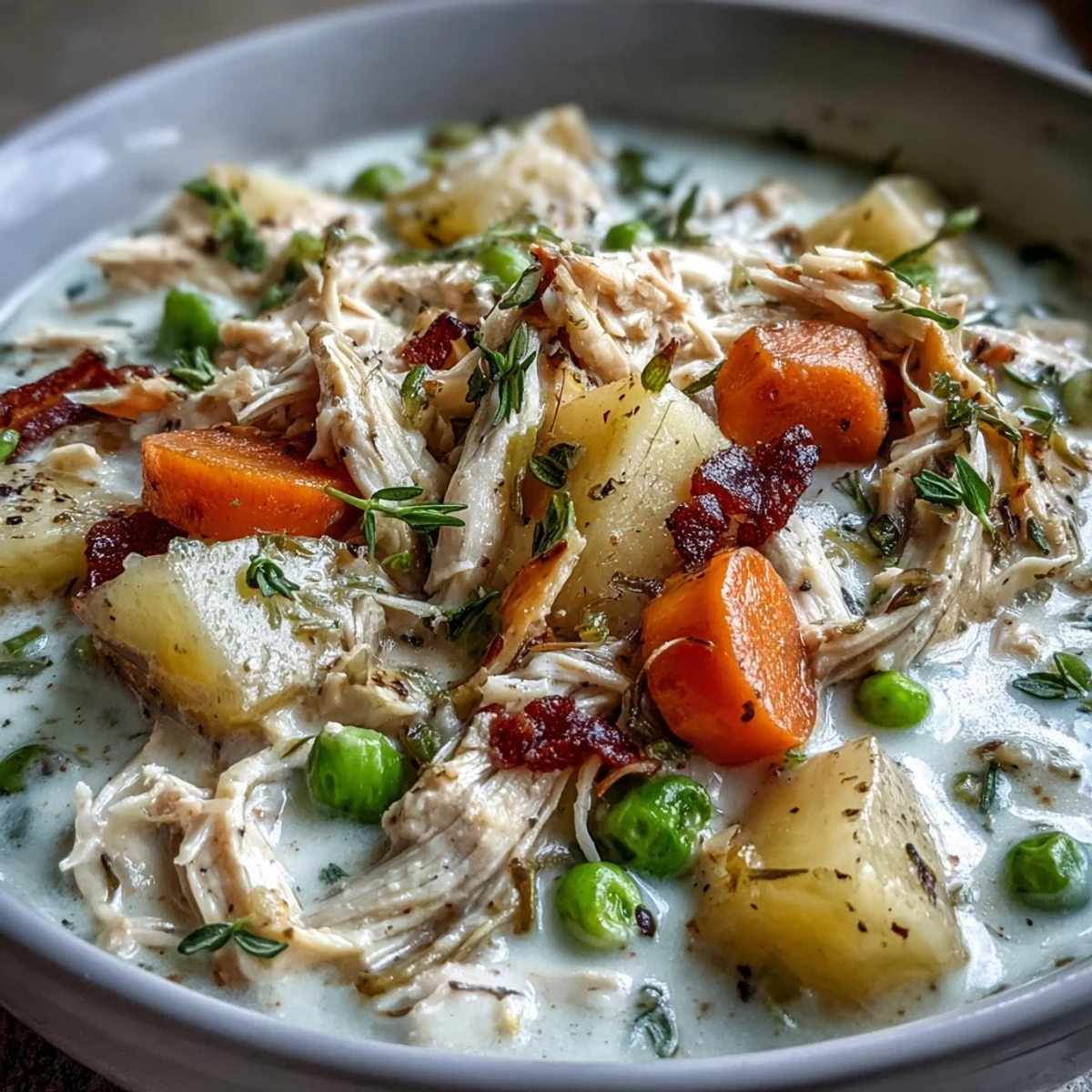 Creamy Chicken Pot Pie Soup steaming in a rustic bowl with tender shredded chicken, peas, and carrots, garnished with fresh parsley.