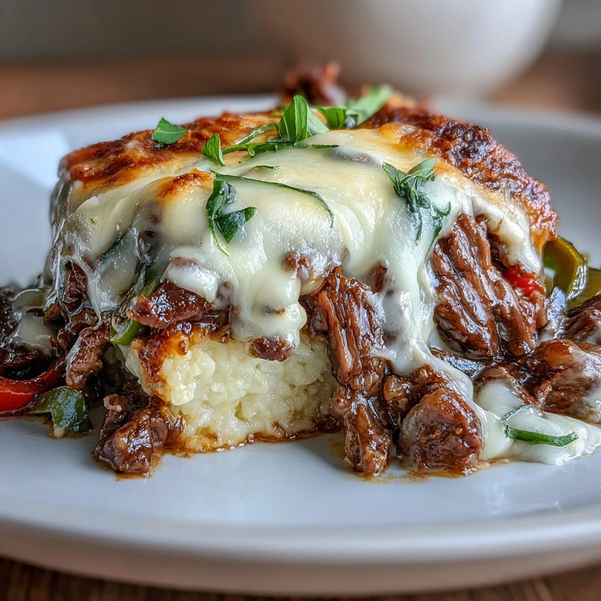 Savory beef, sautéed vegetables, and creamy cauliflower rice combine in a hearty keto-friendly casserole.