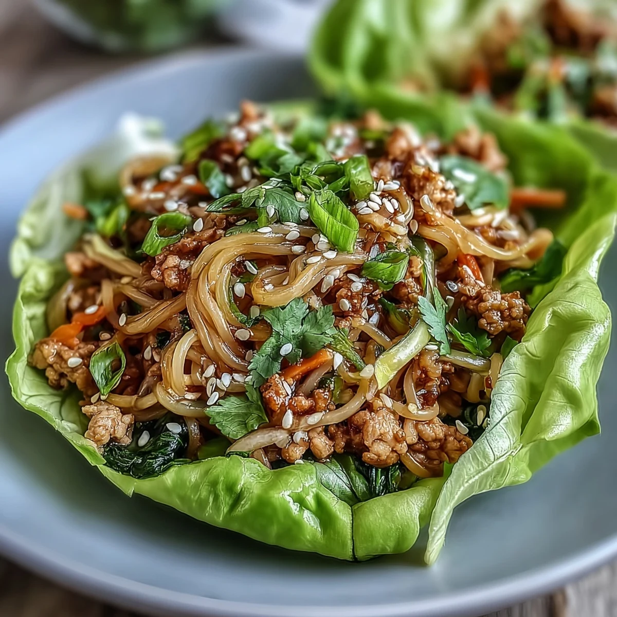 Savory turkey noodles served in crisp butter lettuce cups, garnished with sesame seeds and fresh herbs for a vibrant, low-carb meal.
