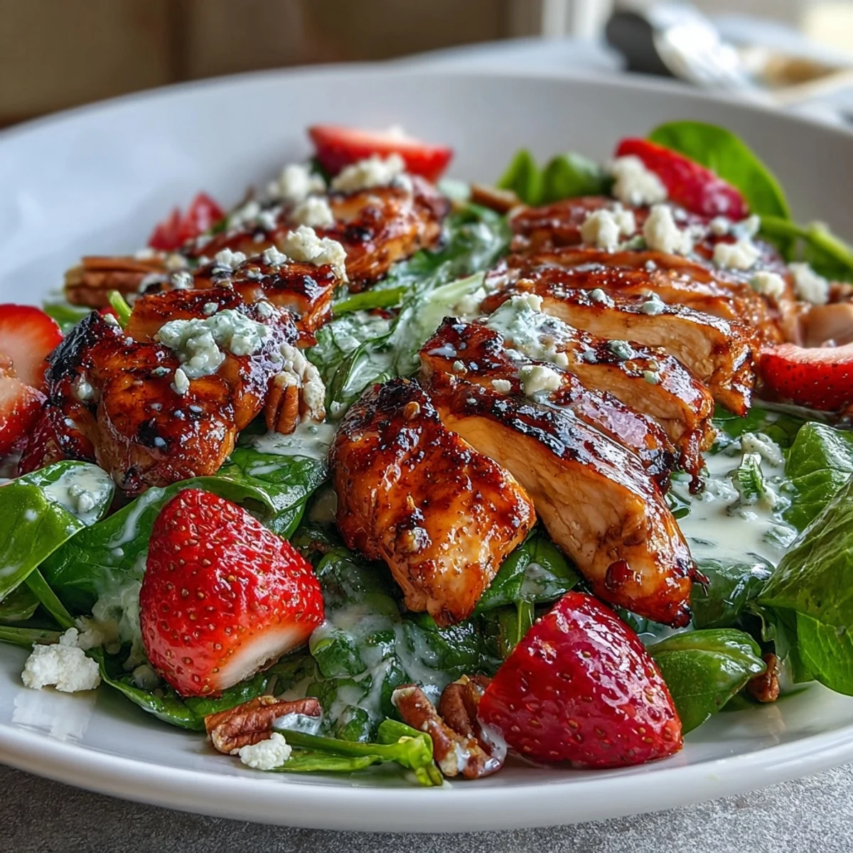 A colorful grilled chicken and strawberry spinach salad with creamy poppy seed dressing, perfect for a light summer meal.  