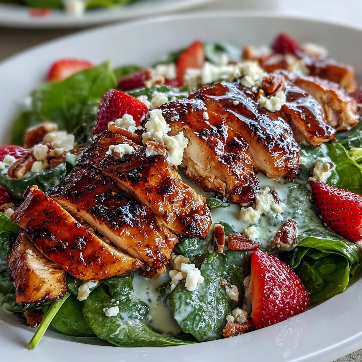 Vibrant salad featuring tender grilled chicken, ripe strawberries, and baby spinach tossed with a tangy poppy seed dressing for a refreshing dish.