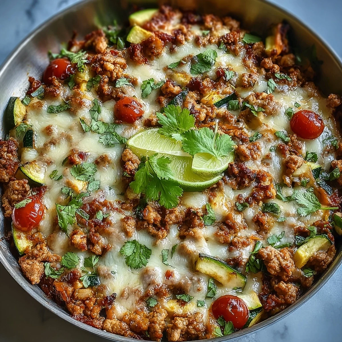 A vibrant, cheesy turkey taco zucchini skillet cooked in a single pan with fresh vegetables, smoky spices, and a squeeze of lime.