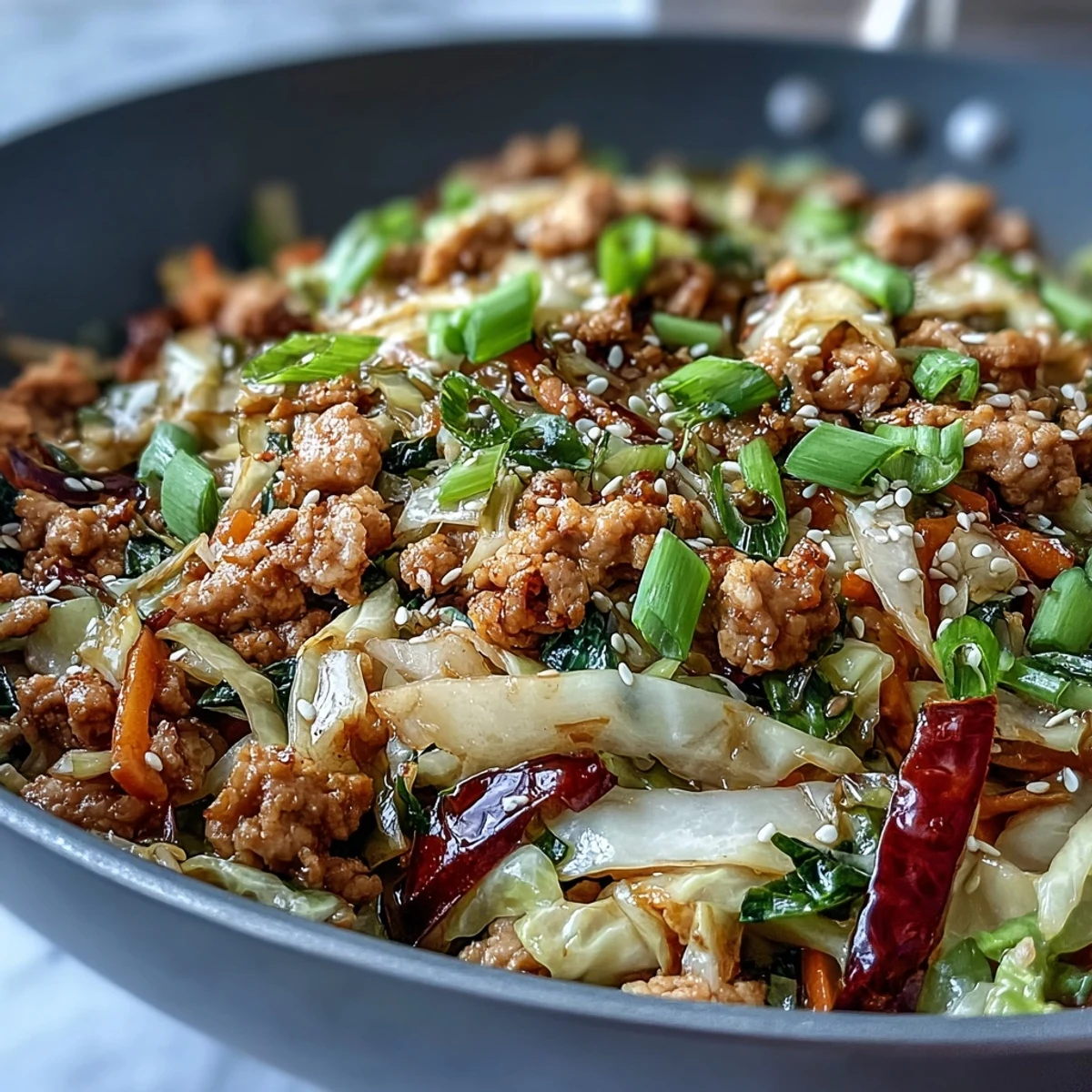 High-volume cabbage and turkey stir-fry in a skillet, with vibrant vegetables and lean ground turkey, garnished with sesame seeds.