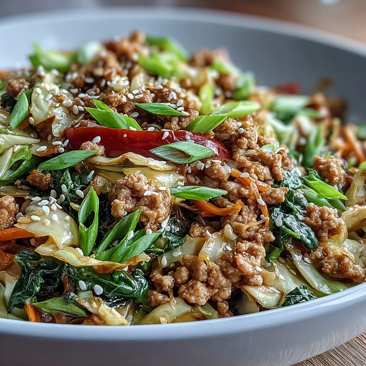 Colorful turkey and cabbage stir-fry with crisp vegetables, served hot with a sprinkle of green onions and sesame seeds.