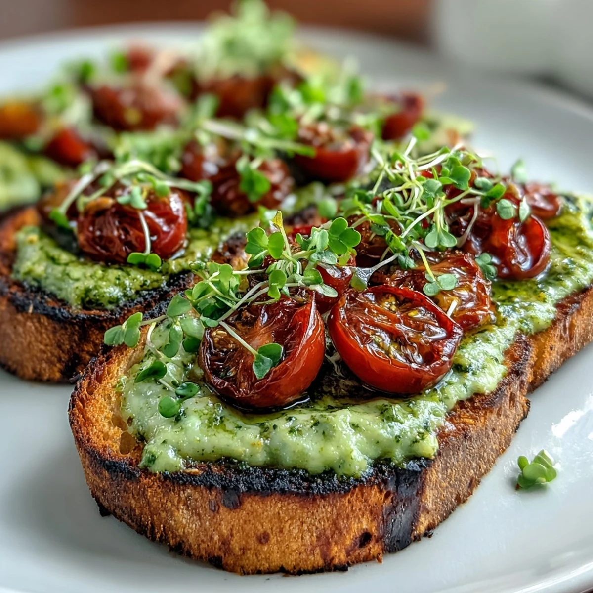 Vibrant avocado pesto sourdough toast topped with cherry tomatoes and microgreens for a fresh, nourishing breakfast.