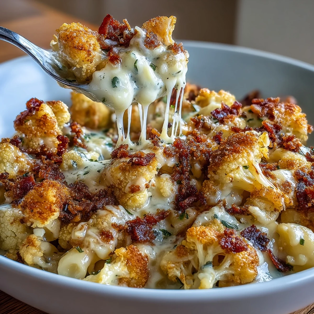 Low-carb mac and cheese recipe featuring tender roasted cauliflower smothered in rich cheddar cheese sauce and crunchy bacon topping.  