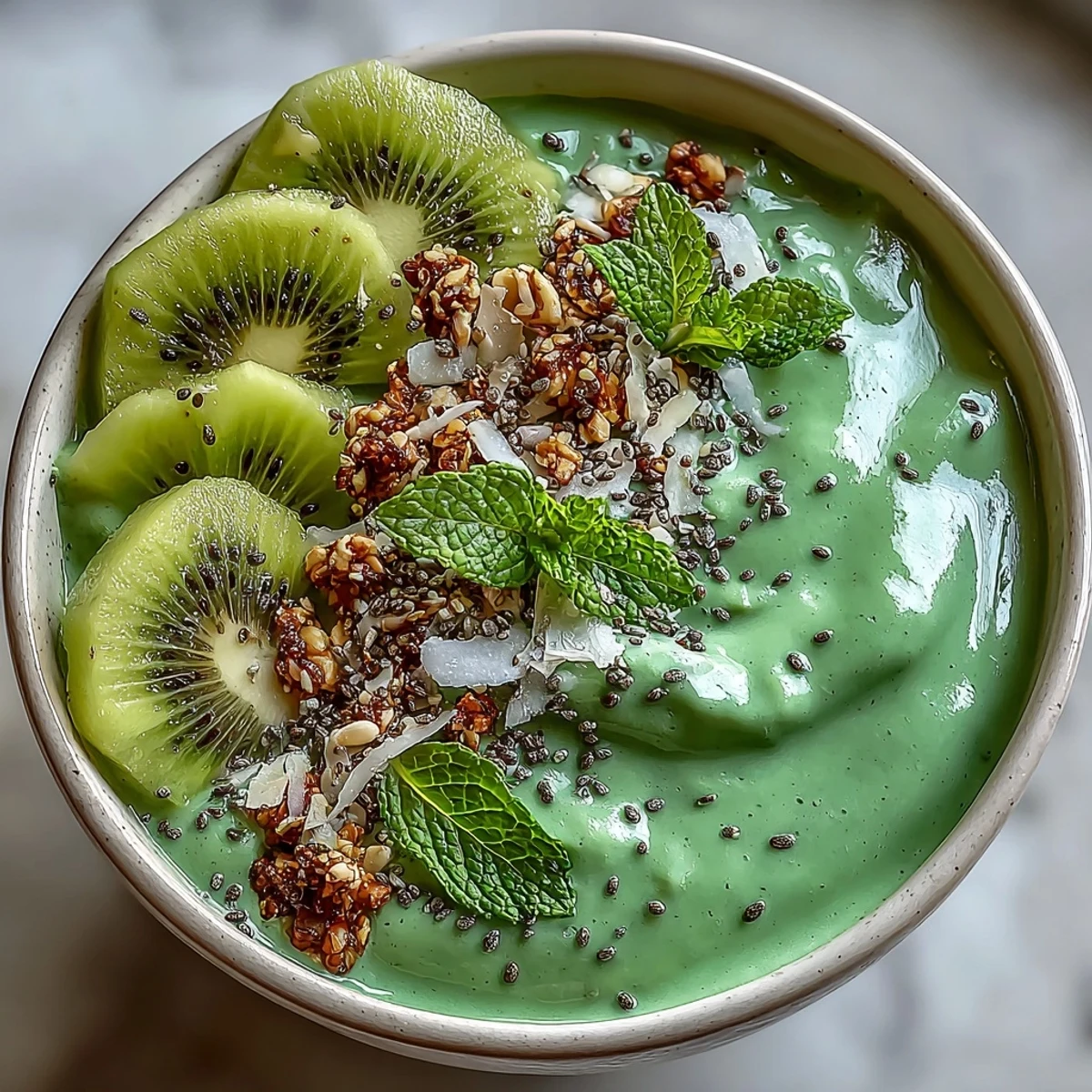 Refreshing vegan smoothie bowl featuring leafy greens, tropical fruits, and a luscious mango chia seed layer for an energizing start.
