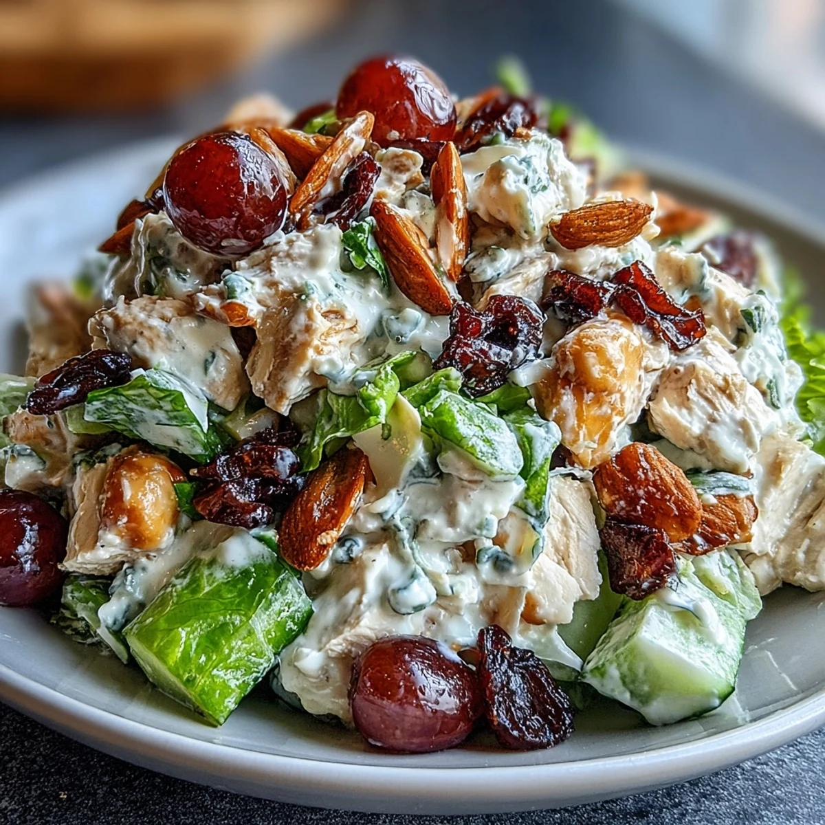 A vibrant vegan chicken salad with creamy dressing, crunchy almonds, and juicy grapes, served on a croissant for a satisfying plant-based lunch.