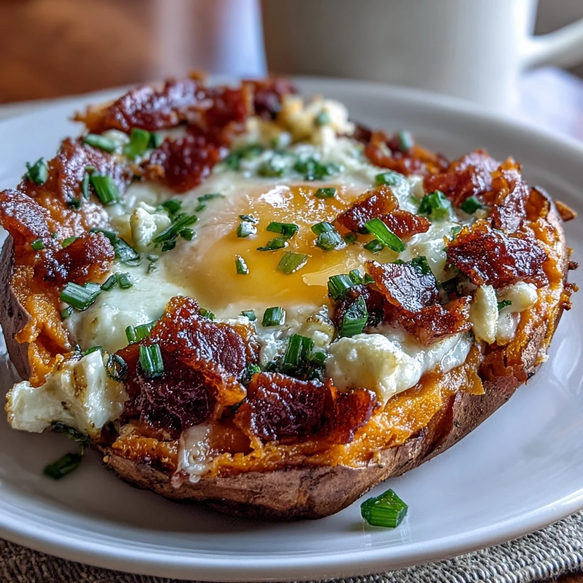 Hearty baked sweet potatoes stuffed with crispy bacon, melty cheddar cheese, and baked eggs, topped with fresh scallions for a wholesome breakfast.  