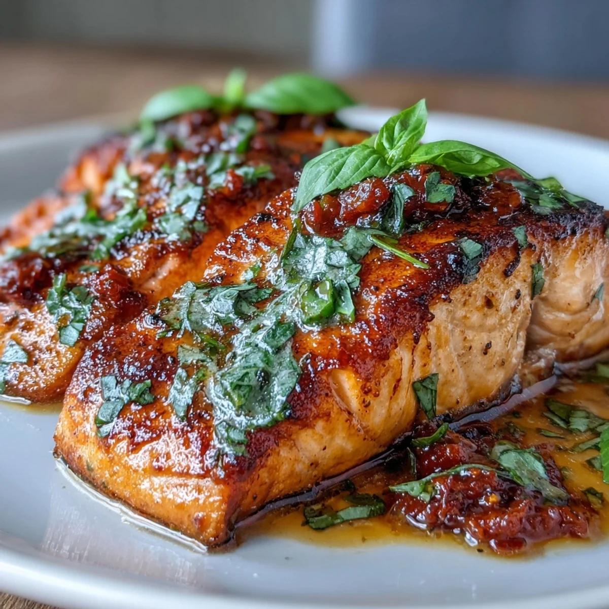 Creamy garlic and sun-dried tomato salmon fillets served in a skillet, perfect for a romantic dinner.  