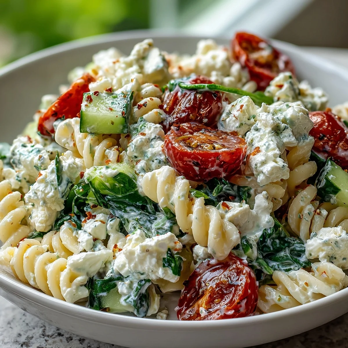 Colorful bowl of high protein cottage cheese pasta salad featuring cherry tomatoes, cucumber, bell pepper, and spinach, ideal for meal prep or picnics.  