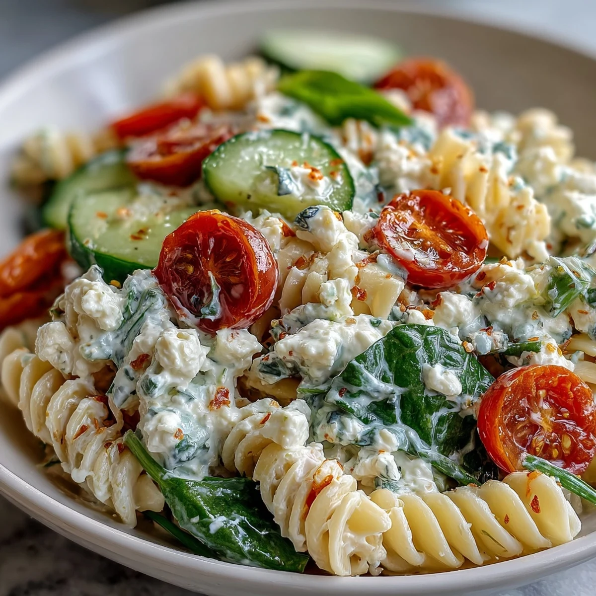 Refreshing high protein cottage cheese pasta salad tossed with al dente pasta, baby spinach, and a tangy lemon-herb dressing for a satisfying lunch.