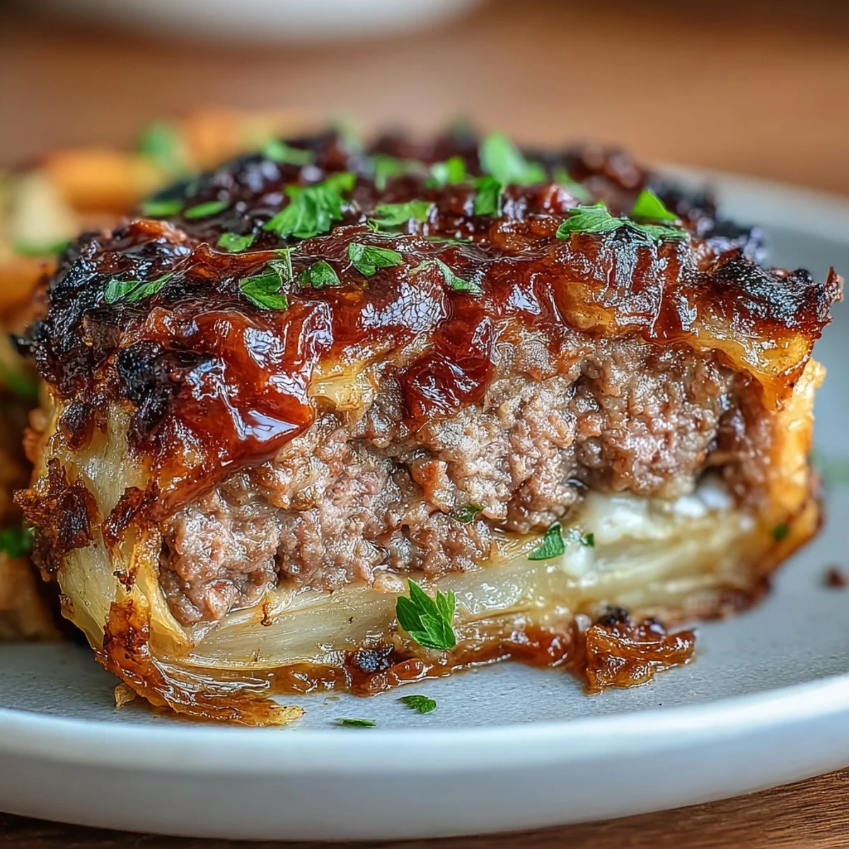 Oven-Baked Cabbage Burgers with juicy beef patties and tender caramelized cabbage slices.  