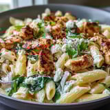 Freshly cooked Greek Chicken Feta Pasta Skillet steaming with creamy yogurt sauce and bright lemon zest.