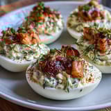 Smoked salmon deviled eggs topped with everything seasoning, perfect for brunch or holiday parties.