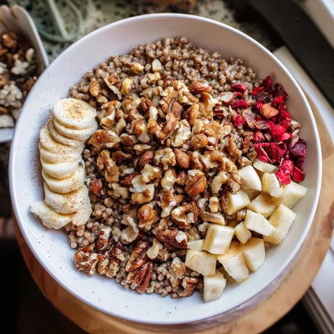 Tender buckwheat groats topped with crunchy nuts and fresh berries, a wholesome gluten-free breakfast.