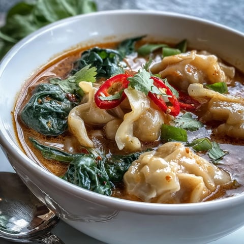 A steaming bowl of Red Curry Wonton Soup With Greens, featuring plump wontons and vibrant snow peas in a rich, aromatic coconut broth.