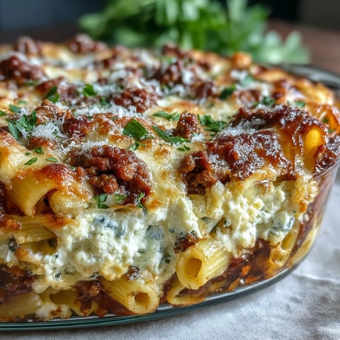 Close-up of Cottage Cheese Protein Pasta Bake with Ground Beef, featuring golden, bubbling mozzarella over a hearty tomato and beef mixture.