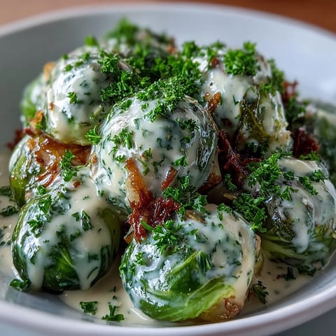 Golden brown Brussels sprouts coated in a creamy cream cheese mustard sauce, garnished with fresh parsley for a vegetarian side dish.