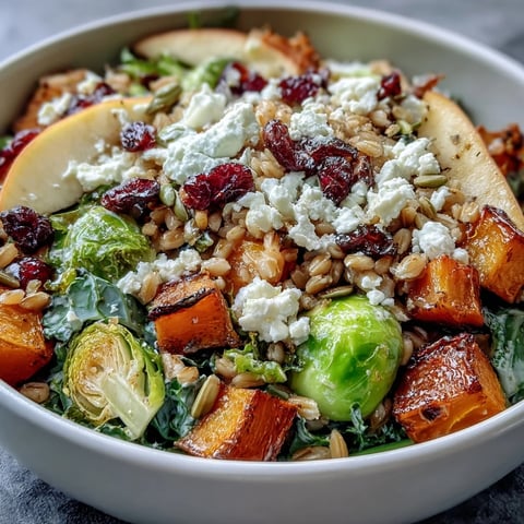Roasted butternut squash and Brussels sprouts top hearty farro grains in a warm Fall Vegetable Bowl garnished with apple slices and pumpkin seeds.