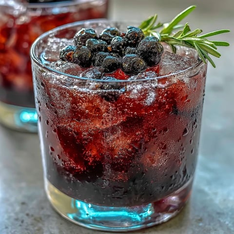 Chilled Black Currant Rosemary Cocktail in a rocks glass, garnished with a fresh sprig and lemon twist.