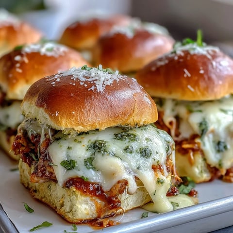 Golden-brown Pesto Chicken Parmesan Sliders on a wooden board, garnished with fresh basil and a side of marinara for dipping.