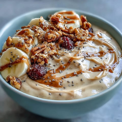 Thick and creamy Vegan Peanut Butter Banana Protein Smoothie Bowl topped with granola, fresh berries, and a peanut butter drizzle.
