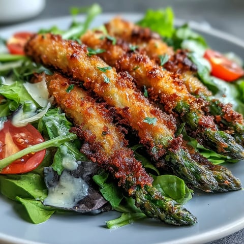 Plump, golden baked Parmesan asparagus spears rest atop fresh mixed greens with shredded chicken and cherry tomatoes in this Crispy Parmesan Asparagus Chicken Salad.