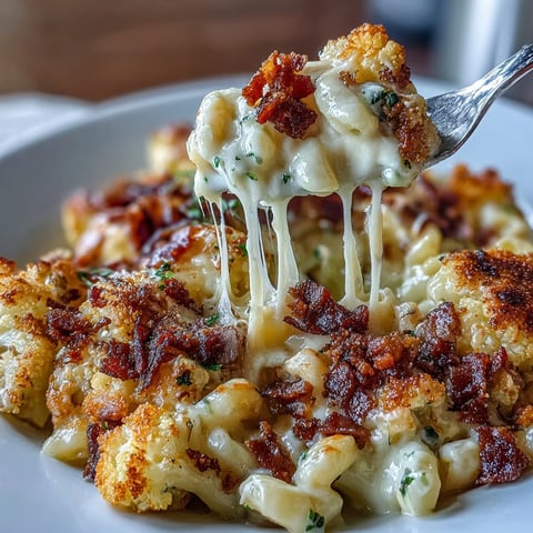 Creamy keto mac and cheese with roasted cauliflower florets and crispy bacon crumbs baked until bubbly and golden.  