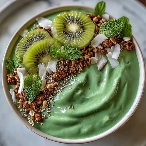 Vibrant vegan tropical green smoothie bowl topped with mango chia pudding, fresh kiwi, and coconut flakes for a nourishing breakfast.  