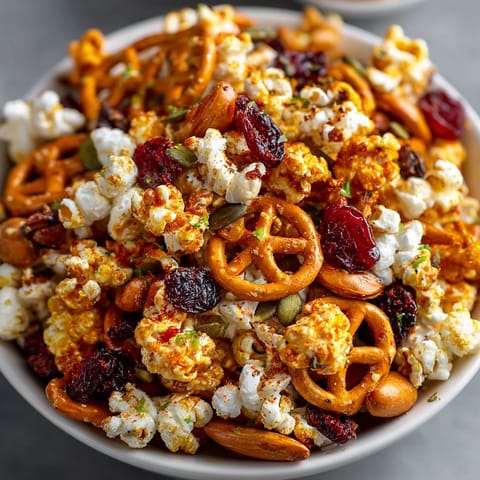 Crisp, flavorful Chili-Lime Popcorn Trail Mix, a crunchy, zesty homemade treat.