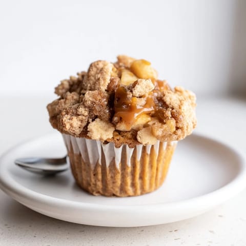 Warm muffins with gooey caramel and fresh apples, a perfect sweet treat.  