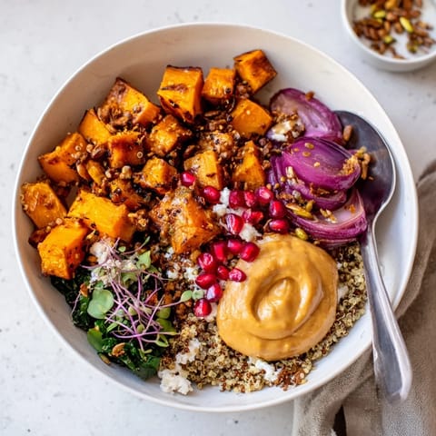 Nutritious roasted winter bowls with pistachio-maple crumble and colorful pomegranate seeds.  