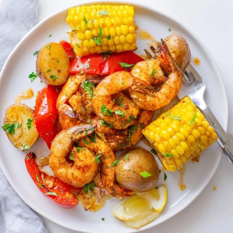 Spicy Cajun shrimp, sweet corn, and potatoes create a vibrant dinner feast.  