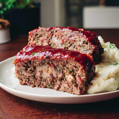 A close-up shot of steaming classic meatloaf with fluffy mashed potatoes, ready to be enjoyed.