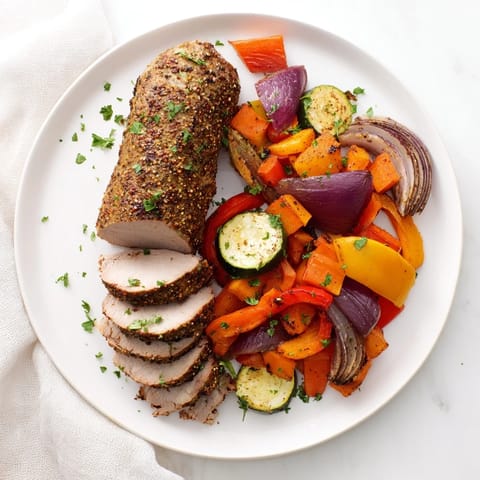 Sizzling close-up of juicy roasted garlic pork tenderloin with tender vegetables, an easy family meal.