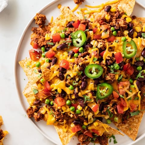 Golden baked sheet-pan nachos with bubbly cheddar, vibrant toppings, ready to enjoy with salsa and sour cream.