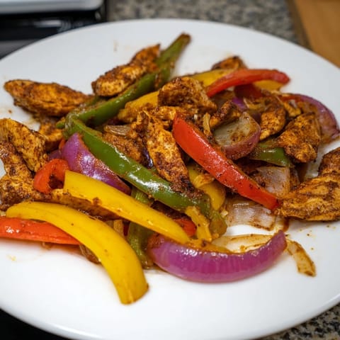 Tender chicken and vibrant vegetables from the Sheet-Pan Chicken Fajitas, sizzling with seasoned flavor.