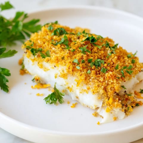 Golden-brown Ritz cracker crust atop perfectly baked cod, ready for a delicious dinner.