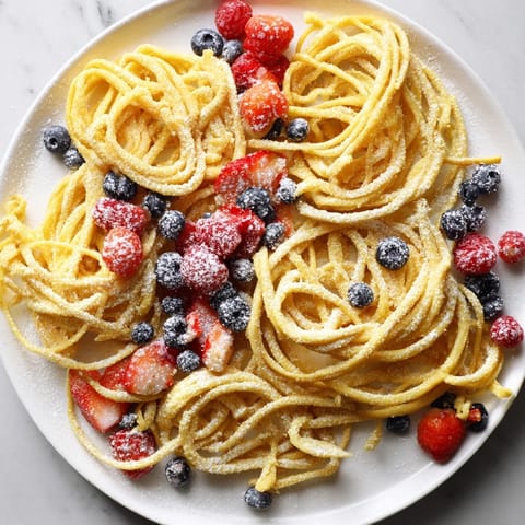 Golden pancake spaghetti, a whimsical brunch with fresh berries and powdered sugar.