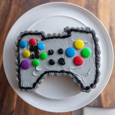 This layered pixel perfect video game controller cake features vibrant buttercream details and candy buttons.